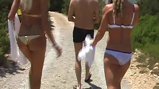 Blondes dominating a fool at a pool